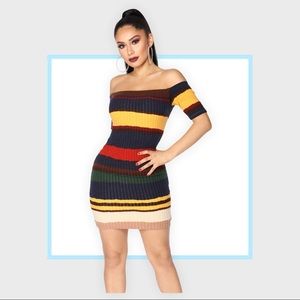 Fall off the shoulder ribbed mini stripped knit dress